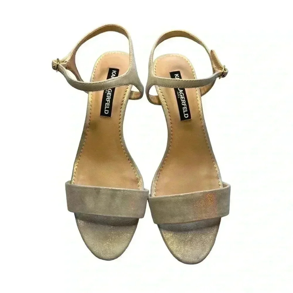 Lagerfeld Paris Women's Ankle Strap Heeled Sandal •Sparkly Gold•Size 8.5•